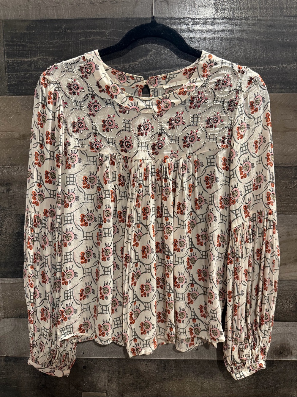 Floreat Beaded Floral Puff Sleeve Blouse Ivory Pink Orange Round Neck XS